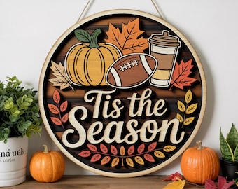 Tis the Season Fall Door Hanger | Pumpkin Football Coffee Autumn Sign | Rustic Wooden Fall Wreath | Front Porch Pumpkin Spice Decor