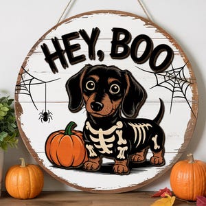 Hey Boo Skeleton Dachshund Sign – Cute Halloween Dog Door Hanger with Pumpkin and Spider, White Wooden Halloween Decor for Dog Lovers