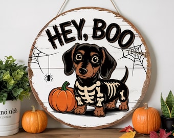 Hey Boo Skeleton Dachshund Sign – Cute Halloween Dog Door Hanger with Pumpkin and Spider, White Wooden Halloween Decor for Dog Lovers