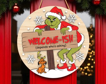 Grinch Christmas Door Hanger: Sarcastic Wooden Welcome but Not Really ...