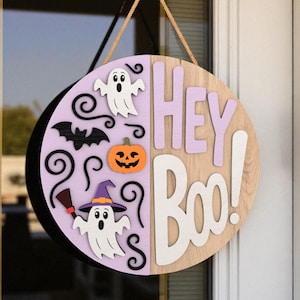 Halloween Door Hanger | Hey Boo! Cute Ghost & Pumpkin Design | Pastel Spooky Door Sign | Wooden 3D Front Door Halloween Decor