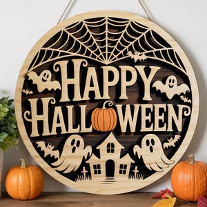Cute Ghost Halloween Door Sign | Layered Laser Cut Happy Halloween Round Sign | Spooky Ghost Graveyard Pumpkin Wall Decor
