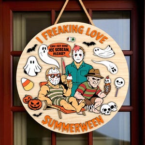 Summerween Slasher Door Hanger | Halloween Door Decor | Ice Cream & Horror Vibes | Funny 3D Wooden Round Sign | Movie Killer Sign