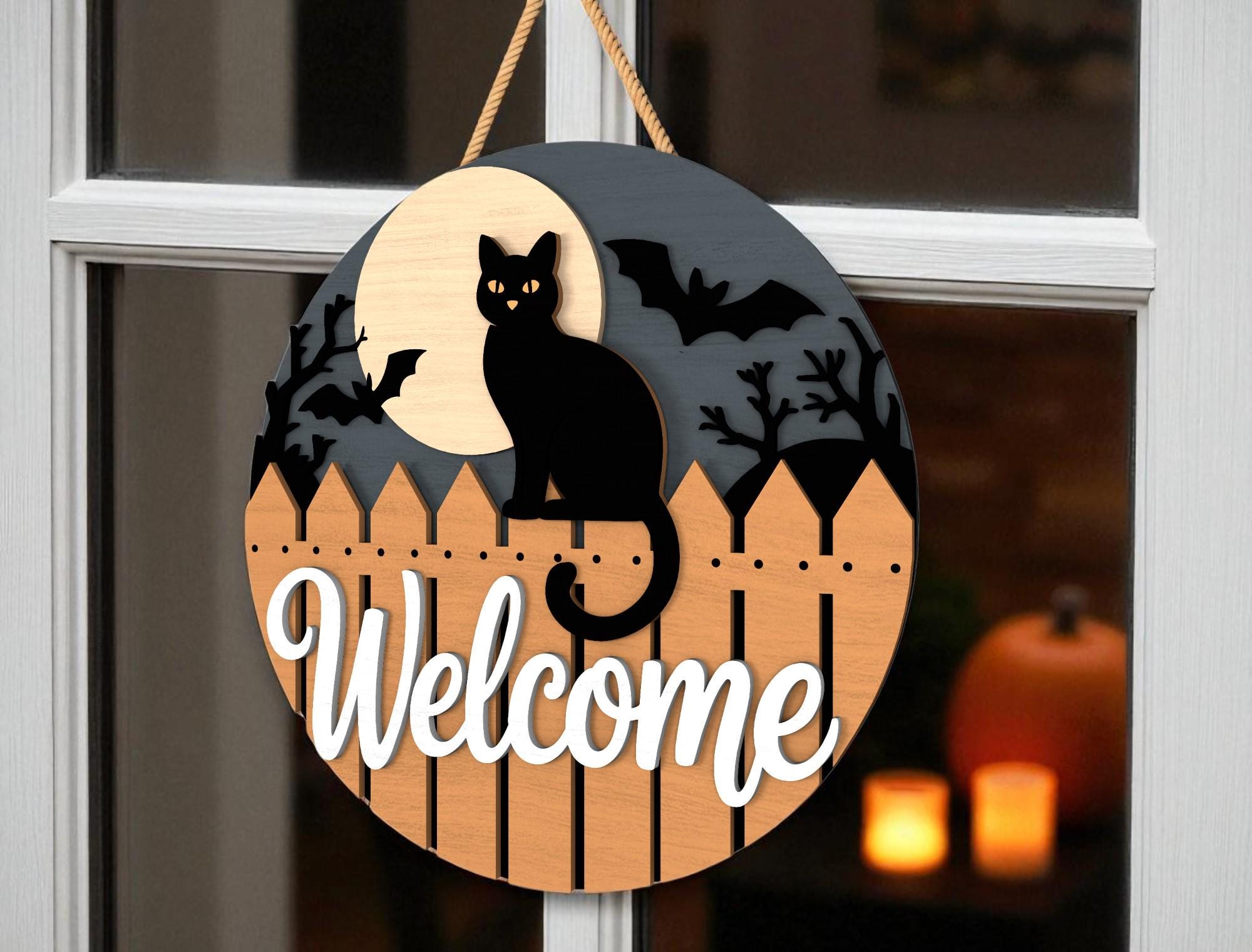 ハロウィンドアハンガー | ようこそ黒猫とコウモリのデザイン | 不気味