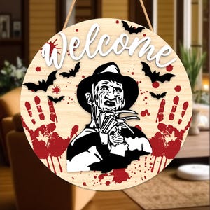 Halloween Door Hanger | Creepy Horror Character Welcome Sign | Bloody Handprint Bat Wall Decor | Scary Movie-Themed Porch Decoration