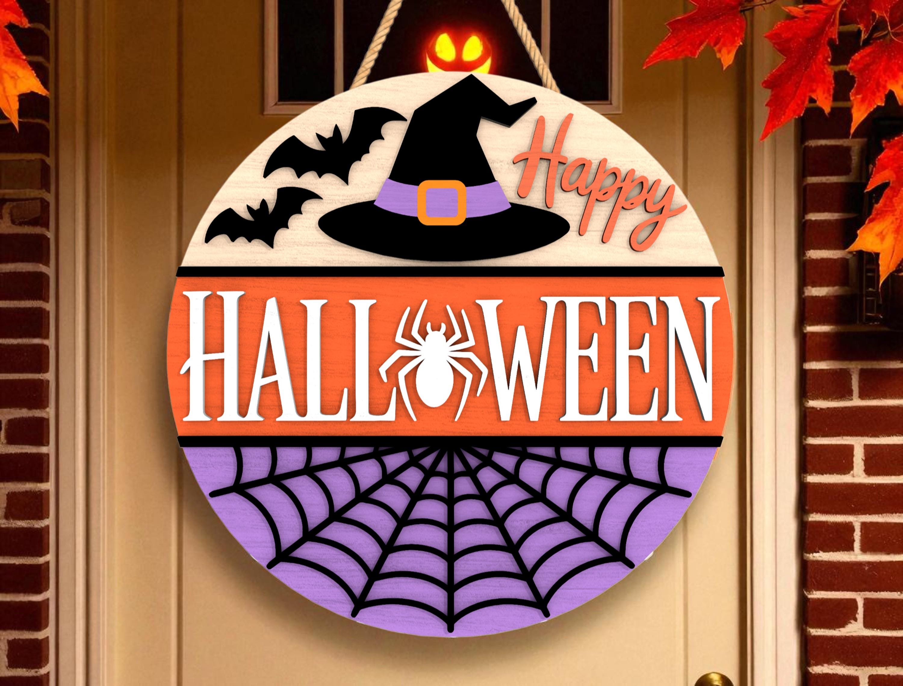 ハロウィンドアハンガー | 魔女の帽子付きハッピーハロウィン木製看板