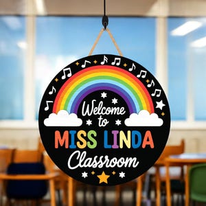 Custom Music Teacher Door Hanger, Classroom Decor, Teacher Wooden Door Sign, Welcome To Miss Linda Classroom Sign, Rainbow Teacher Door Sign