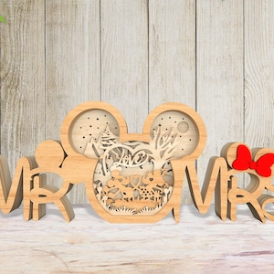 Archivo Svg de corte láser de pareja encantadora de múltiples capas 3D de ratón de pie, Svg de corazón de madera de Sr. y Sra., Svg de personaje de dibujos animados, Svg de feliz día de San Valentín