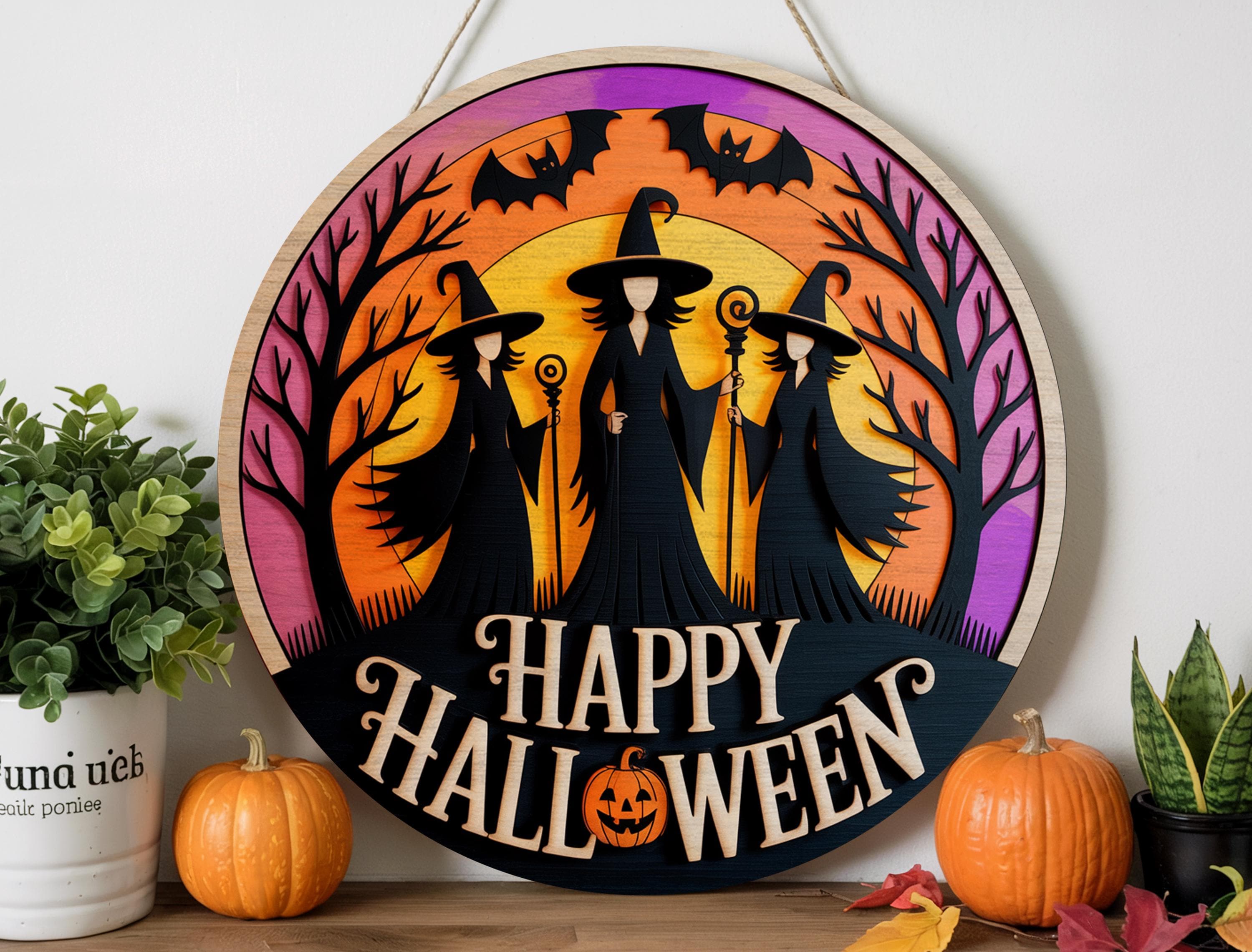 Halloween door hanger with spooky witches silhouette | happy halloween round sign | layered wood svg for laser cut wall decor
