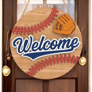 Honkbaldeurhanger, voordeurdecor voor honkbalfamilie, 3D honkbalhandschoen muurdecoratie, rond bord voor coach cadeau, decor honkbalspel