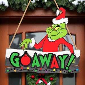 GO AWAY Quote Green Santa Door Hanger | Grumpy Style Sign | Funny Christmas Front Door Decor | Holiday Cartoon Welcome