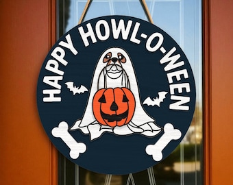 Halloween Door Hanger | Happy Howl-O-Ween Basset Hound Round Wooden Sign | Ghost Dog with Pumpkin Bucket | Spooky Door Decoration