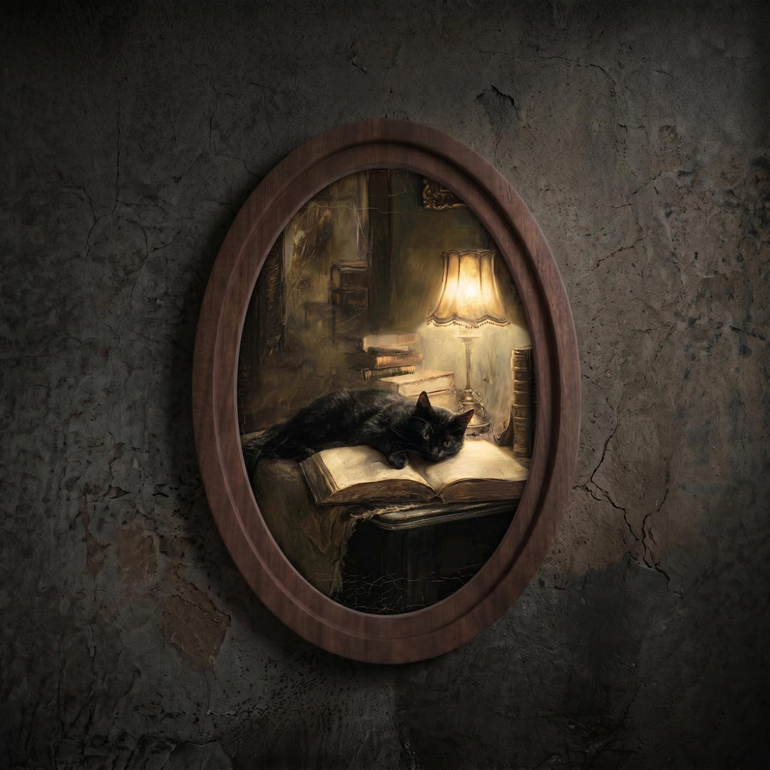 Black Cat Reading Antique Oil Painting Wall Art, Dark Academia Decor ...