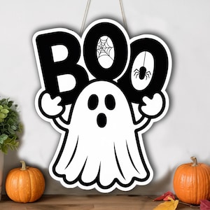 BOO Ghost-deurbordje | Zwart-wit Halloween-muurdecoratie | Leuk hangend spookbord | Spookachtige herfstverandadecoratie