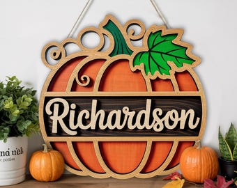 Personalized pumpkin family name sign | custom fall decor | layered wooden pumpkin sign | rustic family name sign | autumn front door decor