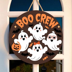 Halloween Door Hanger | Boo Crew Cute Ghosts & Candy Design | Fun Spooky Front Door Sign | Wooden 3D Halloween Decor