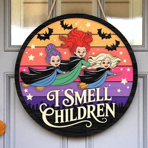 Colgador de puerta de Halloween / Letrero de Hermanas Brujas Voladoras / Decoración de pared redonda con olor a niños / Decoración de porche de otoño con lindas brujas de dibujos animados