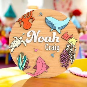 Letrero personalizado de madera con forma de ballena para habitación de bebé, con nombre personalizado de playa oceánica, decoración de pared divertida, letrero de madera MDF con forma de tiburón ballena y tortuga, redondo personalizado