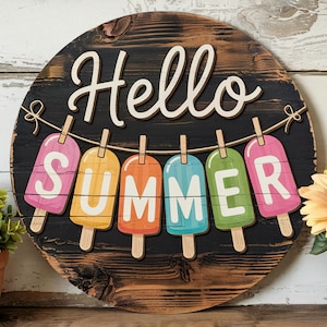 Enseigne Hello Summer - Accroche-porte en bois avec guirlande de popsicles, décoration d&#39;été crème glacée colorée, enseigne murale de véranda, décoration de fête d&#39;été lumineuse
