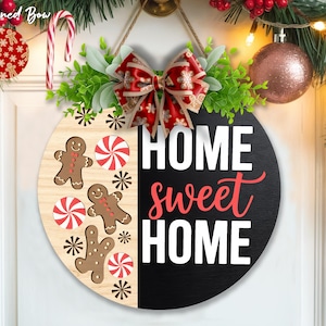 Home Sweet Home Christmas Sign ,Modern Gingerbread and Peppermint Round Door Decor, Holiday Candy Theme Wall Sign