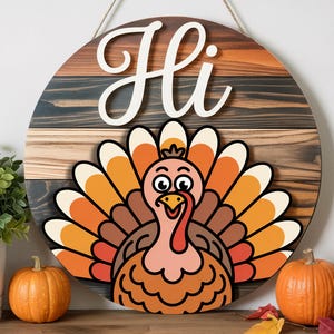 Thanksgiving Turkey Door Hanger | Fall Porch Sign with Cute Turkey | Hi Turkey Welcome Sign | Autumn Farmhouse Door Decor