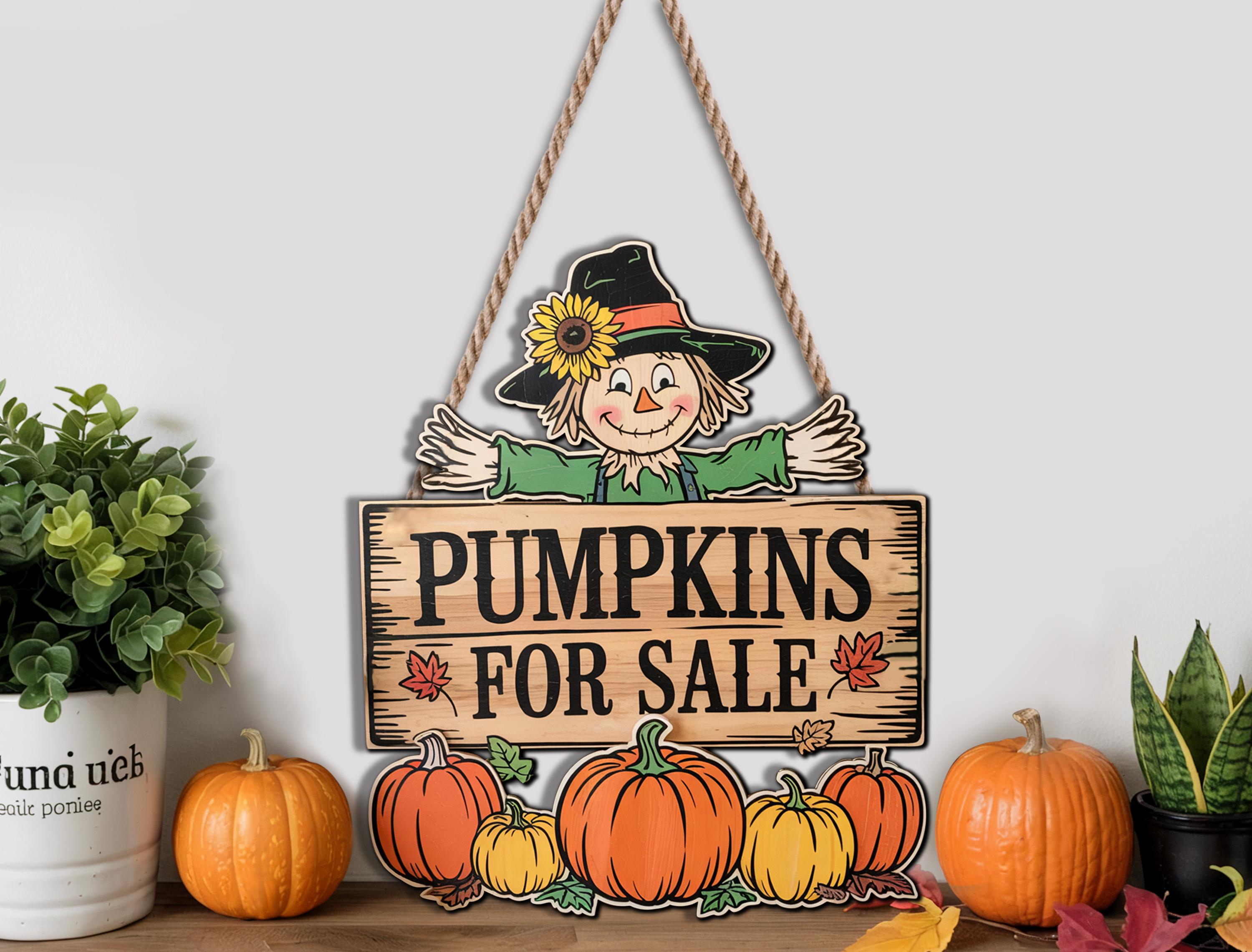 Pumpkins for Sale Scarecrow Door Hanger – Fall Pumpkin Patch Sign, Rustic Farmhouse Autumn Porch Decor, Cute Harvest Wooden Wall Hanging