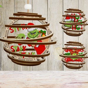 Ornamento Grinch a spirale 3D tagliato al laser Svg, ornamento natalizio Svg, ornamento personaggi natalizi Svg, regalo di Natale, decorazioni natalizie