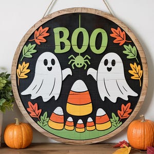 Boo Halloween Door Sign with Ghosts and Candy Corn – Cute Wooden Round Sign, Fall Leaves Halloween Porch Decor for Kids