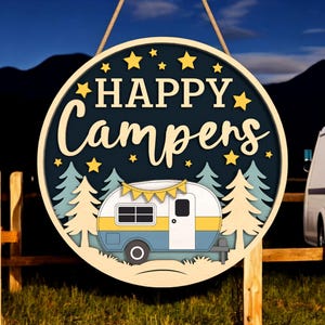 Happy Campers Camping Sign, Fifth Wheel, Tent camper door sign, Night Sky Camper Door Sign, Outdoor Adventure Round Sign