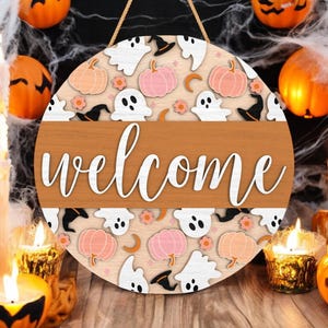 Halloween Door Hanger | Cute Pastel Ghost Pumpkin Welcome Sign | Soft Spooky Fall Decor | Halloween Gift for Friends or Neighbors