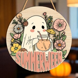 Summerween Ghost Door Hanger | Cute Ghost with Flowers & Juice | Halloween in Summer Wall Sign | Pastel Spooky Porch Decor