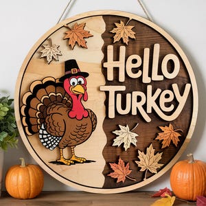 Hello Turkey Wooden Door Sign – Pilgrim Hat Thanksgiving Turkey Wall Decor – Fall Leaf Split Background Sign