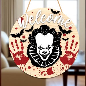 Halloween Türschild | Gruseliges Clown Willkommensschild mit Blutspritzer & Fledermäusen | Gruselige Haustür Dekor | Gruseliges Horror Geschenk für Fans