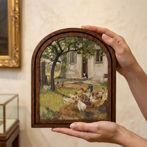Arched Framed Chicken Painting, Antique Oil Painting Canvas, Rustic Farmhouse Wall Art, Vintage Rooster Print, Country Cottage Home Decor