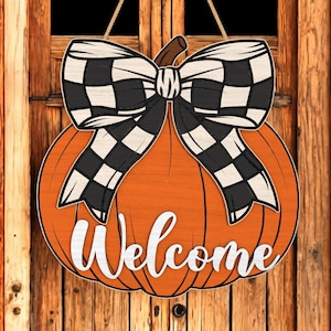 Fall Door Hanger Welcome Pumpkin Sign with Buffalo Plaid Bow | Rustic Autumn Porch Decor | Thanksgiving Gift for Friends or Neighbors