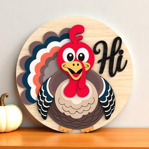Funny Turkey Door Sign | Hi Thanksgiving Sign for Fall | Cute Multilayer Wooden Turkey Decor | Farmhouse Autumn Wall Art