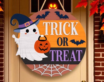 Colgador de puerta de Halloween / Letrero de madera de truco o trato con un lindo fantasma / Decoración de puerta de entrada de otoño con calabazas y murciélagos / Decoración de puerta de temporada