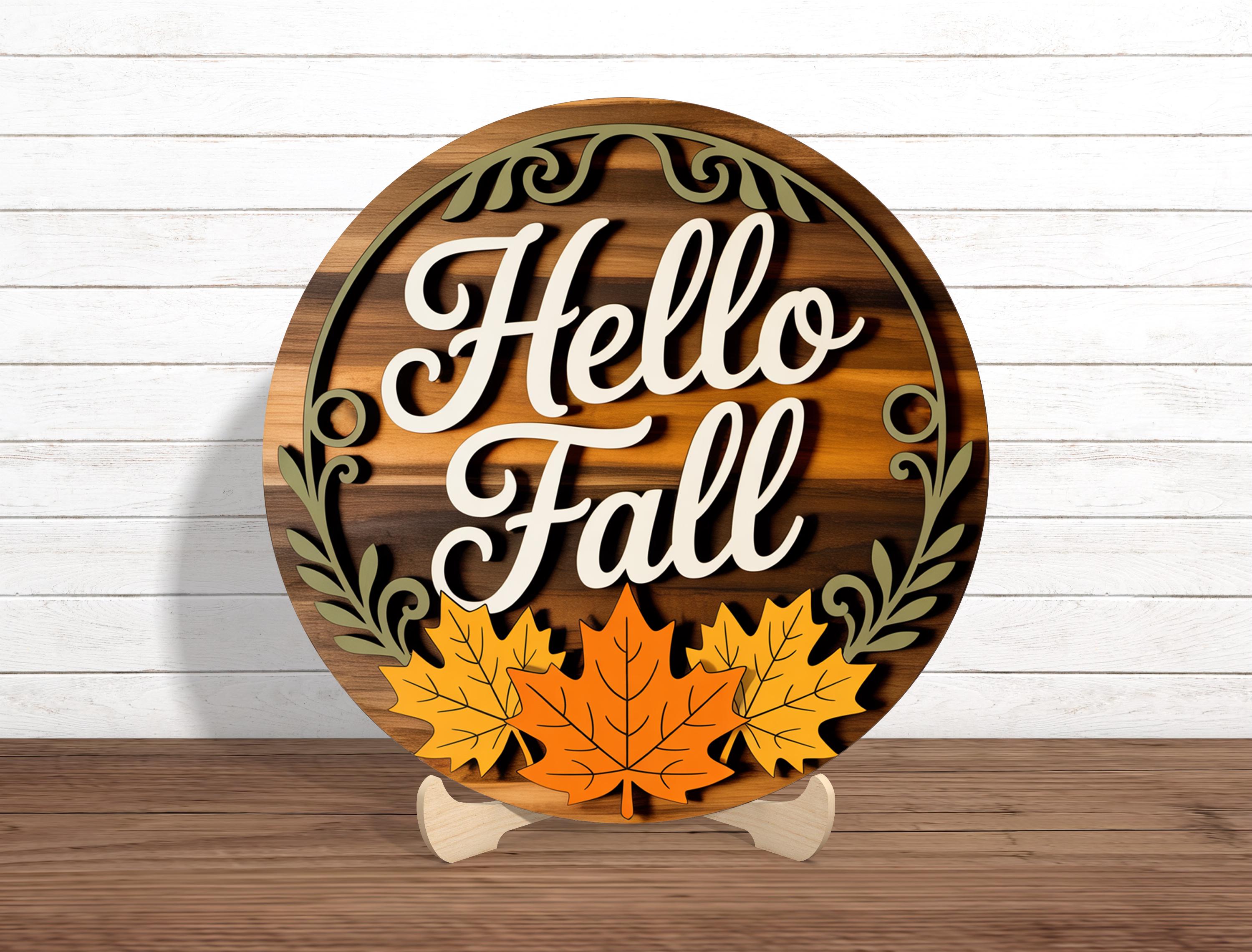 Hello Fall Wood Round Sign | Rustic Fall Door Hanger | Maple Leaf Fall ...