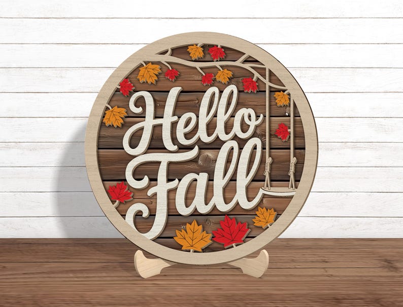 Hello Fall Sign – Rustic Wooden Round Autumn Door Hanger With Swing and ...