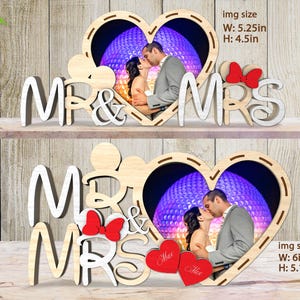 Personalized Happy Valentine's Day Photo Frame Standing Decor Svg, Customize Name Couple Mr & Mrs Svg, Couple Mouse Heart Shape Standing Svg