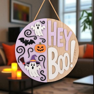 Halloween Door Hanger | Hey Boo Front Door Decor | Cute Ghost & Pastel Bat 3D Sign | Witch Hat Pumpkin Wooden Decor | Halloween Gift