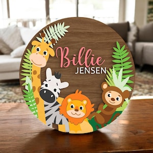 Custom Safari Animal 3D, Wood Nursery Name Sign, Personalized Elephant Jungle Large Wooden Above Crib Decor, Custom Elephant Lion