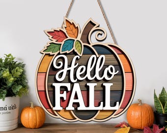 Colorful Hello Fall Pumpkin Sign | Layered Wooden Door Hanger | Bright Autumn Welcome Decor | Laser Cut Fall Wall Sign