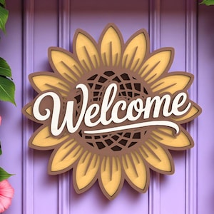 Sunflower Willkommen Türschild | Hölzerne Blumenwandkunst | Sommer Land Porch Decor | Rustikales Bauernhaus Eingangsschild