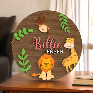 Custom Safari Animal 3D, Wood Nursery Name Sign, Personalized Jungle Large Wooden Above Crib Decor, Lion Giraffe Monkey Wall Decor