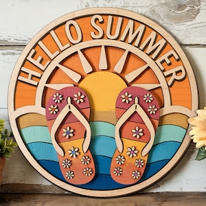 Hello Summer Flip Flop Door Sign – Colorful Floral Sandals Wooden Summer Decor, Sun and Beach Themed Welcome Sign, Bright Summer Wall Art