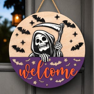 Halloween-deurhanger | &quot;Welkom&quot; Magere Hein met zeis | Houten gelaagde ronde bord | Spookachtig deur- of haldecor | Voordeurdecoratie