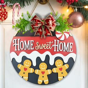 Modern Gingerbread and Peppermint Round Door Decor, Home Sweet Home Christmas Sign ,Holiday Candy Theme Wall Sign