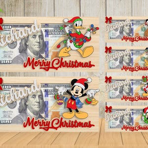 Gepersonaliseerde kerstgeldhouder Svg, Merry Christmas stripfiguur contant geldhouder Svg, Lasercut bestand Svg, aanpassen schattig paar muisnaam