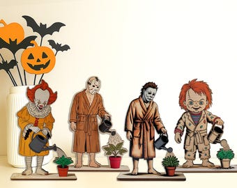 Funny Horror Plant Decor – Killer Characters Watering Plants in Robes | Halloween Shelf Sitters or Tabletop Decor